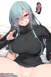 Rule 34 | 1girl, absurdres, bed, black shirt, blue hair, bottomless, breasts, groin, highres, jjune, large breasts, original, pussy, pussy peek, red eyes, shirt, sitting