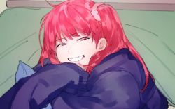 Rule 34 | 1girl, gkrk89, grin, hair ornament, hair scrunchie, half-closed eyes, jacket, kotatsu, long hair, long sleeves, looking at viewer, lying, messy hair, nire hikari, on stomach, one side up, pillow, red eyes, red hair, scrunchie, sleeves past fingers, sleeves past wrists, smile, solo, table, under table, upper body, world trigger