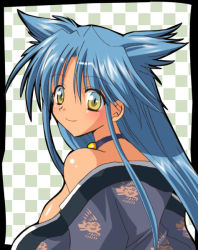 Rule 34 | 1girl, animal ears, blue hair, blush, breasts, coupytwo, japanese clothes, large breasts, long hair, looking back, no bra, off shoulder, rance (series), sengoku rance, sideboob, smile, solo, suzume (rance), yellow eyes
