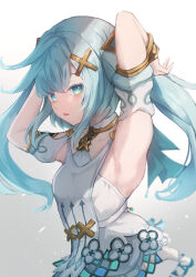Rule 34 | 1girl, armpits, arms up, blue eyes, blue hair, collarbone, colored eyelashes, commentary request, detached sleeves, dress, eyebrows hidden by hair, faruzan (genshin impact), genshin impact, gradient background, grey background, hair between eyes, hair ornament, highres, long hair, looking at viewer, nagare yoshimi, puffy short sleeves, puffy sleeves, short sleeves, sleeveless, sleeveless dress, solo, very long hair, white background, white dress, white sleeves, x hair ornament
