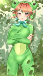 Rule 34 | 1girl, absurdres, ahoge, animal costume, animal hood, bodysuit, bow, bowtie, breasts, colored tips, covered navel, crossed arms, earrings, feather earrings, feathers, frog costume, frog hood, frogiwawa, hair intakes, highres, hololive, hololive english, hood, hooded bodysuit, jewelry, long sleeves, looking at viewer, maka aratame, medium breasts, multicolored hair, open mouth, orange eyes, orange hair, outdoors, solo, straight-on, swept bangs, takanashi kiara, taut clothes, virtual youtuber