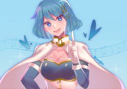 Rule 34 | 1girl, artist name, blue background, blue eyes, blue hair, blush, breasts, cape, cleavage, detached sleeves, fortissimo, hair ornament, hand on own hip, heart, highres, mahou shoujo madoka magica, mahou shoujo madoka magica (anime), mahou shoujo madoka magica movie 1 &amp; 2, meidia, miki sayaka, musical note, musical note hair ornament, musical note print, pointing, raveniffaz, short hair, smile, solo, teeth, upper body, white cape