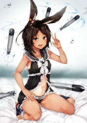 Rule 34 | 1girl, absurdres, animal ears, azur lane, bed sheet, black panties, blush, breasts, brown eyes, brown hair, bubble, commentary request, covered erect nipples, full body, hand up, highres, i-26 (azur lane), looking at viewer, maki (maki pei), open mouth, panties, short hair, sitting, small breasts, solo, tan, tanline, toeless legwear, torpedo, underwear