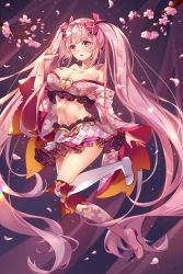 Rule 34 | 1girl, absurdres, asymmetrical legwear, bare shoulders, boots, bow, breasts, cherry blossom print, cherry blossoms, cleavage, floral print, frilled skirt, frills, full body, hair ribbon, highres, houchi shoujo, large breasts, lolita fashion, long hair, melailai, midriff, nail polish, navel, open mouth, pink bow, pink eyes, pink hair, ribbon, sidelocks, simple background, skirt, solo, thigh boots, thighhighs, twintails, uneven legwear, very long hair, wa lolita, wide sleeves