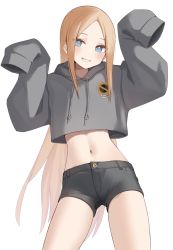 Rule 34 | 1girl, abigail williams (fate), absurdres, black shorts, blonde hair, blue eyes, blush, bow, breasts, cropped sweater, drawstring, fate/grand order, fate (series), forehead, grey sweater, grin, highres, hood, hooded sweater, kopaka (karda nui), long hair, looking at viewer, midriff, navel, orange bow, parted bangs, short shorts, shorts, sidelocks, sleeves past fingers, sleeves past wrists, small breasts, smile, solo, stomach, sweater, thighs