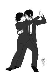 Rule 34 | 1boy, 1girl, black hair, black jacket, black pants, black suit, chainsaw man, collared shirt, dancing, eye contact, scar on face, formal, hair tied, hair tied back, holding hands, hand on another&#039;s back, hetero, highres, jacket, kurose yutarou, long hair, long sleeves, looking at another, monochrome, necktie, nenashibito, pants, ponytail, scar, shirt, short hair, sleeves past elbows, suit, tendou michiko, watermark, white background, white shirt
