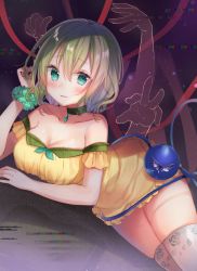 Rule 34 | 1girl, absurdres, adapted costume, artist name, bare shoulders, blush, breasts, choker, cleavage, collarbone, cowboy shot, dress, floral print, green choker, green eyes, green hair, green scrunchie, hair between eyes, hand up, highres, komeiji koishi, large breasts, light particles, looking at viewer, lying, natsuki (ukiwakudasai), no headwear, off-shoulder dress, off shoulder, on stomach, parted lips, scrunchie, short dress, short hair, short sleeves, signature, skindentation, smile, solo, tears, thighhighs, thighs, third eye, touhou, white thighhighs, wrist scrunchie, yellow dress, zettai ryouiki