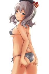 Rule 34 | 10s, 1girl, anchor, ass, ass grab, backlighting, beret, bikini, blue eyes, breasts, butt crack, cowboy shot, from behind, grey bikini, grey hair, hat, kantai collection, kashima (kancolle), long hair, looking at viewer, medium breasts, nikke (cherish), sideboob, simple background, solo, standing, string bikini, swimsuit, tongue, tongue out, twintails, wavy hair, white background