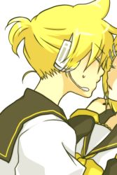 Rule 34 | 1boy, 1girl, brother and sister, closed eyes, headphones, hetero, imminent kiss, incest, kagamine len, kagamine rin, nyakelap, short hair, siblings, simple background, twincest, twins, vocaloid, white background
