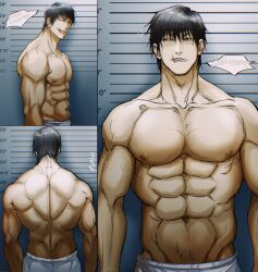 Rule 34 | 1boy, abs, back, bara, black hair, closed mouth, english text, fushiguro touji, highres, jujutsu kaisen, large pectorals, male focus, multiple views, muscular, muscular male, navel, nipples, pants, pectorals, scar, scar on face, scar on mouth, short hair, smile, topless male, upper body, white pants, yuana