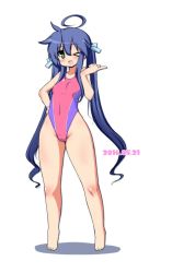 Rule 34 | &gt; o, 00s, 10s, 1girl, 2016, :d, ahoge, alternate hairstyle, bad id, bad twitter id, blue hair, blush, competition swimsuit, covered navel, dated, green eyes, hair ribbon, hand on own hip, highleg, highleg swimsuit, izumi konata, long hair, lucky star, mizushima (p201112), mole, mole under eye, one-piece swimsuit, one eye closed, open mouth, ribbon, simple background, smile, solo, standing, swimsuit, twintails, very long hair, white background, wide hips