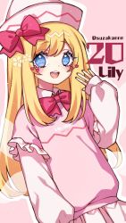 Rule 34 | 1girl, :d, alternate costume, blonde hair, blue eyes, blush, bow, bowtie, character name, clothes writing, contemporary, fairy wings, heart, highres, kyouda suzuka, layered sleeves, lily white, long hair, long sleeves, looking at viewer, nail polish, open mouth, pink background, pink sweater, puffy sleeves, red bow, red bowtie, short over long sleeves, short sleeves, simple background, skirt, sleeves past wrists, smile, solo, standing, sweater, touhou, transparent wings, twitter username, white headwear, white skirt, wings