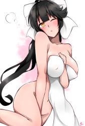 Rule 34 | 1girl, areola slip, azur lane, black hair, blush, breasts, chiru (218mg), cleavage, covered erect nipples, covering privates, covering breasts, covering crotch, dated, female focus, hair ornament, hair ribbon, head tilt, highres, large breasts, long hair, looking at viewer, navel, nude, nude cover, one eye closed, ribbon, simple background, solo, standing, stomach, takao (azur lane), towel, very long hair, wince, yellow eyes
