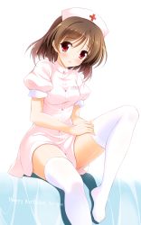 Rule 34 | 1girl, adjusting clothes, adjusting legwear, bashen chenyue, blush, breasts, brown hair, buttons, commentary request, cross, english text, female focus, hair between eyes, happy birthday, hat, head tilt, highres, imasaka yue, knee up, legs, looking at viewer, medium hair, memories off, name tag, no shoes, nurse, nurse cap, parted lips, pink hat, pink shirt, pocket, puffy short sleeves, puffy sleeves, pun, red eyes, shadow, shiny skin, shirt, short sleeves, simple background, sitting, small breasts, smile, solo, tareme, thighhighs, thighs, white background, white thighhighs