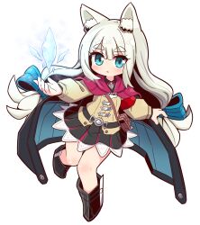 Rule 34 | 1girl, 7th dragon (series), 7th dragon 2020, 7th dragon 2020-ii, :o, animal ear fluff, animal ears, black cape, black footwear, black shirt, black skirt, blue bow, blue eyes, blush, boots, bow, brown jacket, cape, chibi, chitrine (7th dragon), collared shirt, commentary, crystal, full body, grey hair, hair bow, highres, ice, jacket, long hair, long sleeves, looking at viewer, lucier (7th dragon), naga u, parted lips, pleated skirt, puffy long sleeves, puffy sleeves, shirt, short eyebrows, simple background, skirt, solo, striped, striped bow, thick eyebrows, very long hair, white background