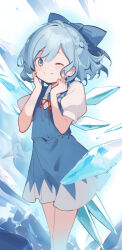 Rule 34 | 1girl, asakura maru, blue bow, blue dress, blue eyes, blue hair, bow, cirno, closed mouth, detached wings, dress, fairy, feet out of frame, hair bow, highres, ice, ice wings, one eye closed, puffy short sleeves, puffy sleeves, shirt, short hair, short sleeves, smile, solo, touhou, white shirt, wings