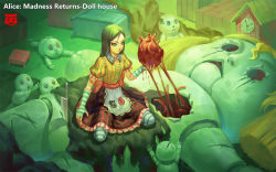 Rule 34 | 1girl, alice: madness returns, alice in wonderland, alice liddell (american mcgee&#039;s alice), american mcgee&#039;s alice, american mcgee's alice, apron, black hair, blood, breasts, closed mouth, dress, green eyes, heart, knife, long hair, looking at viewer, pantyhose, shui qian he kafei, solo, striped clothes, striped pantyhose