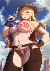 Rule 34 | 1girl, american flag, american flag bikini, american flag print, belly, belt, belt buckle, bikini, blonde hair, blue eyes, blush, breasts, buckle, chaps, clothing cutout, cloud, colt single action army, cowboy hat, cowboy western, crotch cutout, eyepatch, eyepatch bikini, fingerless gloves, flag print, gloves, gun, hair between eyes, handgun, hat, headgear, holding, holding gun, holding weapon, huge breasts, iowa (kancolle), kantai collection, long hair, maku ro, navel, open clothes, open mouth, panties, pistol, revealing clothes, revolver, side-tie panties, smile, solo, star-shaped pupils, star (symbol), swimsuit, symbol-shaped pupils, thick thighs, thighs, trigger discipline, underwear, vest, weapon