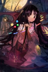 Rule 34 | 1girl, absurdres, bamboo, black hair, branch, full moon, highres, hime cut, houraisan kaguya, japanese clothes, jeweled branch of hourai, kaamin (mariarose753), long hair, long sleeves, moon, night, outdoors, pink shirt, red eyes, shirt, sitting, solo, touhou, wide sleeves