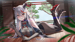 Rule 34 | 1girl, absurdres, adjusting hair, aegir (azur lane), armored boots, ass, azur lane, bad id, bad pixiv id, bare shoulders, black dress, black footwear, black gloves, blush, bodystocking, boots, breasts, buko (bukosuki), dragon horns, dress, elbow gloves, feet up, floor, full body, gloves, high heel boots, high heels, highres, horns, knee boots, large breasts, long hair, looking at viewer, lying, multicolored hair, on floor, on stomach, open mouth, orange eyes, parted lips, solo, streaked hair, thighs, tree, white hair