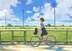 Rule 34 | 1girl, backpack, bag, bicycle, black bag, black footwear, black skirt, black socks, blush, bow, bowtie, brown hair, collared shirt, day, fjsmu, from side, full body, grass, highres, mountainous horizon, open mouth, original, outdoors, pleated skirt, power lines, profile, red bow, red bowtie, riding, shirt, shoes, short hair, short sleeves, skirt, socks, solo, transmission tower, tree, unworn backpack, unworn bag, utility pole, white footwear, white shirt, white socks