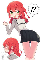 Rule 34 | !?, 1girl, absurdres, ao (flowerclasse), ass, black skirt, blush, bocchi the rock!, commentary request, feet out of frame, green eyes, highres, kita ikuyo, long hair, long sleeves, looking at viewer, looking back, multiple views, one side up, open mouth, panties, pleated skirt, red hair, sailor collar, shirt, simple background, skirt, spoken interrobang, translation request, underwear, wavy mouth, white background, white panties, white sailor collar, white shirt