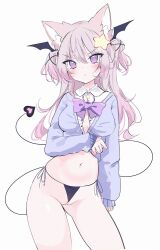 Rule 34 | 1girl, angry, animal ears, annytf, anyuu, bat wings, bikini, black bikini, breasts, brown hair, cameltoe, cleft of venus, closed mouth, clothes lift, collared shirt, fox ears, head wings, heart, heart-shaped pupils, highres, indie virtual youtuber, lifted by self, long hair, long sleeves, looking at viewer, making-of available, medium breasts, navel, pink hair, purple eyes, shirt, simple background, sleeves past wrists, solo, standing, sweater, sweater lift, swimsuit, symbol-shaped pupils, tail, virtual youtuber, white background, wings
