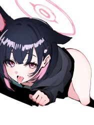 Rule 34 | 1girl, animal ears, black jacket, blue archive, cat ears, cat girl, colored inner hair, commentary request, ear down, extra ears, hair ornament, hairclip, halo, highres, hood, hood down, jacket, kazusa (blue archive), looking at viewer, lying, multicolored hair, on stomach, pink eyes, pink hair, pink halo, short hair, simple background, solo, thighs, tongue, tongue out, ukitaryu, white background