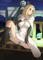 Rule 34 | 1girl, :o, bench, black footwear, black gloves, blonde hair, blush, boots, breasts, brown eyes, capelet, dress, elbow gloves, foot up, gloves, hand on own chest, hand on own thigh, haruhisky, highres, hood, hood down, hooded capelet, knee boots, lamp, looking to the side, medium breasts, medium dress, medium hair, night, night sky, octopath traveler, octopath traveler i, open mouth, ophilia (octopath traveler), panties, pantyshot, sitting, sky, solo, spread legs, staff, sweat, underwear, white capelet, white dress, white panties