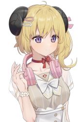 Rule 34 | 1girl, animal ears, asymmetrical hair, blonde hair, blush, bow, bowtie, breasts, choker, closed mouth, collarbone, commentary, dress, flower bracelet, grey dress, hair between eyes, hair ornament, hair ribbon, hairclip, headphones, headphones around neck, hololive, horns, medium breasts, medium hair, official alternate costume, pink ribbon, purple eyes, red choker, ribbon, see-through, see-through sleeves, sheep ears, sheep girl, sheep horns, side ponytail, simple background, smile, solo, striped, syhan, symbol-only commentary, tsunomaki watame, tsunomaki watame (street casual), upper body, vertical stripes, virtual youtuber, white background, white bow, white bowtie