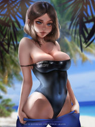 Rule 34 | 1girl, adapted costume, bare shoulders, beach, black one-piece swimsuit, blue eyes, blue pants, blue sky, blurry, blurry background, breasts, brown hair, cleavage, clothes pull, covered navel, cowboy shot, emerald-weapon, horizon, large breasts, leaf, looking at viewer, medium hair, one-piece swimsuit, outdoors, pants, pants pull, parted lips, plant, product girl, samsung, samsung sam, shadow, sky, smile, solo, strap slip, swimsuit, tree, watermark, web address