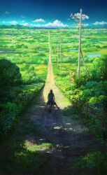 Rule 34 | 1girl, backpack, bag, bicycle, black hair, black skirt, blue sky, cloud, commentary, cyclecircle, dappled sunlight, day, dirt road, english commentary, facing away, flower, grass, green shirt, highres, lake, landscape, mountain, mountainous horizon, original, outdoors, power lines, riding, riding bicycle, road, road sign, rural, scenery, shirt, shoes, sign, skirt, sky, solo, sunlight, tree, utility pole, white footwear, wide shot