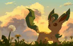Rule 34 | brown eyes, cloud, commentary request, creatures (company), dandelion, day, flower, from below, game freak, gen 4 pokemon, grass, highres, leafeon, looking back, nintendo, no humans, one-hour drawing challenge, outdoors, pokemon, pokemon (creature), rend, sky, solo, standing