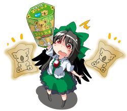Rule 34 | 1girl, ^^^, arm up, black hair, black wings, bow, cookie, food, frilled skirt, frills, from above, full body, green bow, green skirt, hair bow, koala, long hair, open mouth, puffy short sleeves, puffy sleeves, red eyes, reiuji utsuho, shadow, shinapuu, shirt, short sleeves, skirt, solo, surprised, sweat, third eye, touhou, white background, white shirt, wings