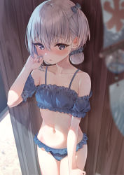 Rule 34 | 1girl, bare shoulders, bikini, blurry, blurry foreground, blush, bow, bra, breasts, collarbone, depth of field, frilled bikini, frilled bra, frills, hair bow, hair ornament, hair scrunchie, hand up, highres, looking at viewer, namikishiho, navel, off-shoulder bikini, off shoulder, original, scrunchie, solo, sweat, swimsuit, underwear, wet