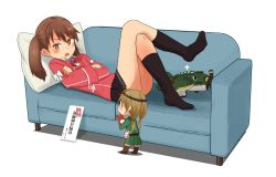 Rule 34 | 2girls, aircraft, annin musou, bad id, bad twitter id, bag, black legwear, blush, brown eyes, brown hair, couch, crossed arms, fairy (kancolle), handbag, japanese clothes, jewelry, kantai collection, kariginu, long hair, long sleeves, lying, magatama, multiple girls, on back, open mouth, pillow, pleated skirt, ryuujou (kancolle), shikigami, simple background, skirt, socks, translation request, twintails, white background