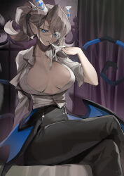 Rule 34 | 1girl, absurdres, arias the labrynth butler, blue eyes, breasts, butler, cleavage, crossed legs, demon girl, demon horns, demon wings, duel monster, female butler, grey hair, highres, horns, large breasts, monocle, open clothes, open shirt, pointy ears, ro g (oowack), solo, wings, yu-gi-oh!