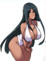 Rule 34 | absurdres, ayanobro, black hair, breasts, casual one-piece swimsuit, cleavage, dark-skinned female, dark skin, facial mark, fate/grand order, fate (series), green eyes, highres, huge breasts, lips, long hair, one-piece swimsuit, parted bangs, scheherazade (fate), seductive smile, smile, solo, swimsuit, thighs, white one-piece swimsuit, wide hips