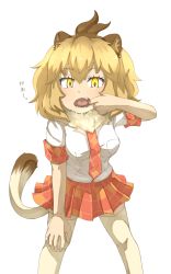 Rule 34 | 10s, 1girl, absurdres, animal ears, arm support, bare arms, blonde hair, breast pocket, commentary request, cowboy shot, fangs, finger in own mouth, fur collar, hair between eyes, hand on own knee, hand up, highres, kemono friends, leaning forward, lion (kemono friends), lion ears, lion tail, looking at viewer, necktie, open mouth, plaid, plaid necktie, plaid neckwear, plaid skirt, plaid sleeves, pocket, shirt, short hair, short sleeves, simple background, skirt, solo, standing, tail, thighhighs, thin (suzuneya), white background, white shirt, yellow eyes, yellow thighhighs, zettai ryouiki