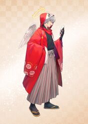Rule 34 | 1boy, black gloves, black kimono, black socks, brown hakama, closed mouth, crazy raccoon, daruma is god, feathered wings, full body, gloves, grey hair, hakama, halo, hand in pocket, hand up, haori, highres, holding, holding mask, japanese clothes, kimono, long sleeves, looking at viewer, male focus, mask, saino misaki, sandals, short hair, sideways glance, socks, solo, standing, tabi, tongue, tongue out, wide sleeves, wings, yellow eyes, zouri