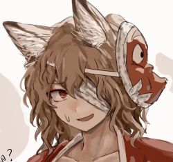 Rule 34 | 1other, ametsukana yago, androgynous, animal ears, bandage over one eye, brown hair, commentary request, hemo (hemoroda), hyottoko mask, japanese clothes, kemonomimi mode, kimono, len&#039;en, mask, mask on head, medium hair, nervous smile, open mouth, other focus, portrait, red eyes, red kimono, simple background, smile, solo, sweat, white background, wolf ears