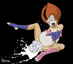 Rule 34 | 1girl, belly, giving birth, black hair, brown hair, claws, hanzohatori, multicolored hair, nipples, no bra, no panties, open mouth, pregnant, pussy juice, red eyes, screaming, spread legs, thundercats, two-tone hair, wilykit