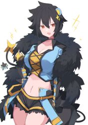 Rule 34 | 1girl, animal ears, black hair, black shorts, breasts, cleavage, collarbone, creatures (company), crop top, fang, game freak, gen 4 pokemon, highres, large breasts, long sleeves, looking at viewer, luxray, navel, nintendo, open mouth, personification, pokemon, red eyes, sakuragi raia, short hair, short shorts, shorts, smile, solo, tail