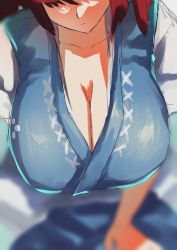 Rule 34 | 1girl, blurry, blurry background, blush, breast focus, breasts, cleavage, from above, head out of frame, highres, large breasts, onozuka komachi, red hair, solo, teruteru12, touhou