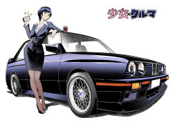 Rule 34 | 1girl, absurdres, belt, black footwear, blue hair, bmw, bmw 3 series, bmw e30, bmw m3, breasts, car, cellphone, cleavage, coffee cup, contrapposto, copyright name, cup, disposable cup, goodotaku, high heels, highres, leaning, medium breasts, motor vehicle, office lady, pantyhose, papers, pen, pencil skirt, phone, pocket, short hair, skirt, standing, vehicle focus