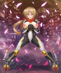 Rule 34 | 1futa, armor, asahi, ball and chain restraint, blonde hair, blush, bodysuit, breast cutout, breastplate, breasts, breasts out, brown eyes, bulge, chain, cherry blossoms, city, curvy, embarrassed, erection, erection under clothes, full armor, full body, futanari, highres, huge breasts, lilith-soft, long hair, looking at viewer, moaning, night, nipples, open mouth, outdoors, petals, puffy nipples, road, scarf, shiny skin, solo, spread legs, standing, street, taimanin (series), taimanin asagi, taimanin asagi kessen arena, tears, utashima mugi