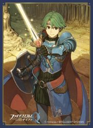 Rule 34 | 1boy, alm (fire emblem), armor, cape, circlet, company connection, copyright name, fire emblem, fire emblem cipher, fire emblem echoes: shadows of valentia, gauntlets, gloves, green eyes, green hair, hidari (left side), holding, holding sword, holding weapon, logo, looking at viewer, male focus, nintendo, official art, shield, short hair, shoulder armor, shoulder pads, smile, solo, sword, two-sided cape, two-sided fabric, weapon