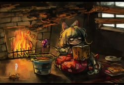 Rule 34 | 1girl, boarded windows, book, bow, burning, carpet, cooking, fire, fireplace, fujiwara no mokou, giving up the ghost, grill, hair bow, koto inari, long hair, mouse (animal), mushroom, nail, shichirin, sitting, smile, smoke, solo, suspenders, tape, touhou, very long hair, white hair, window