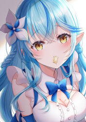 Rule 34 | 1girl, absurdres, bare shoulders, blue bow, blue bowtie, blue hair, blush, bow, bowtie, braid, breasts, candy, center frills, chocolate, chocolate bar, cleavage, cleavage cutout, clothing cutout, detached sleeves, elf, flower, food, frilled shirt, frills, hair between eyes, hair flower, hair ornament, half updo, highres, hololive, large breasts, long hair, looking at viewer, mouth hold, multicolored hair, nanami hitomi, original, pointy ears, shirt, sleeveless, sleeveless shirt, solo, streaked hair, upper body, valentine, virtual youtuber, white chocolate, white shirt, yellow eyes, yukihana lamy