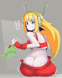Rule 34 | !, !!, :d, bad id, bad twitter id, blonde hair, blue eyes, blush, bright pupils, butt crack, curly brace, doukutsu monogatari, fingerless gloves, from behind, gloves, green panties, holding, holding clothes, holding panties, holding underwear, joints, long hair, nickleflick, open mouth, panties, robot ears, robot joints, smile, solo, underwear, unworn panties